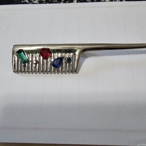 Jeweled Silver-tone Decorative Comb - Red, Green, Blue Accents Brooche